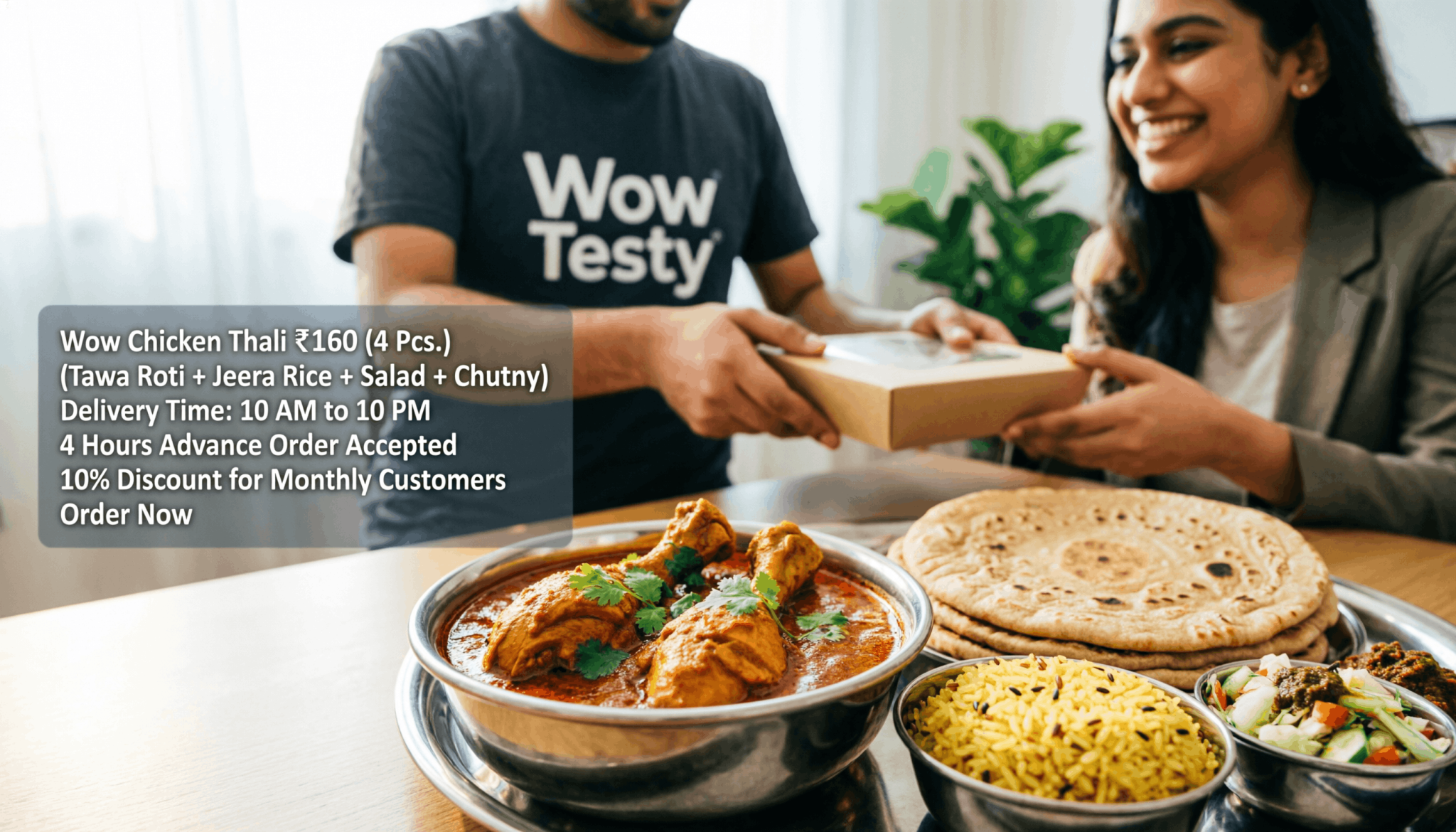 Wow Testy Chicken Thali with 4 pieces chicken curry, tawa roti and rice in Lucknow