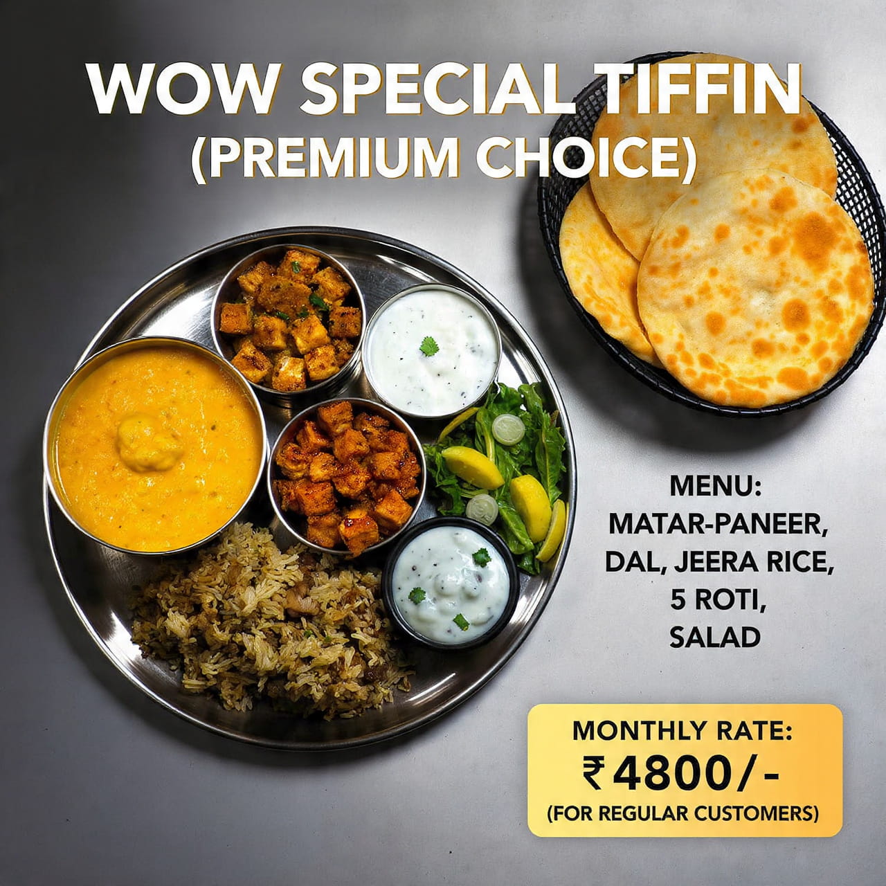 Premium Veg Tiffin Lucknow - Matar Paneer & Missi Roti Thali