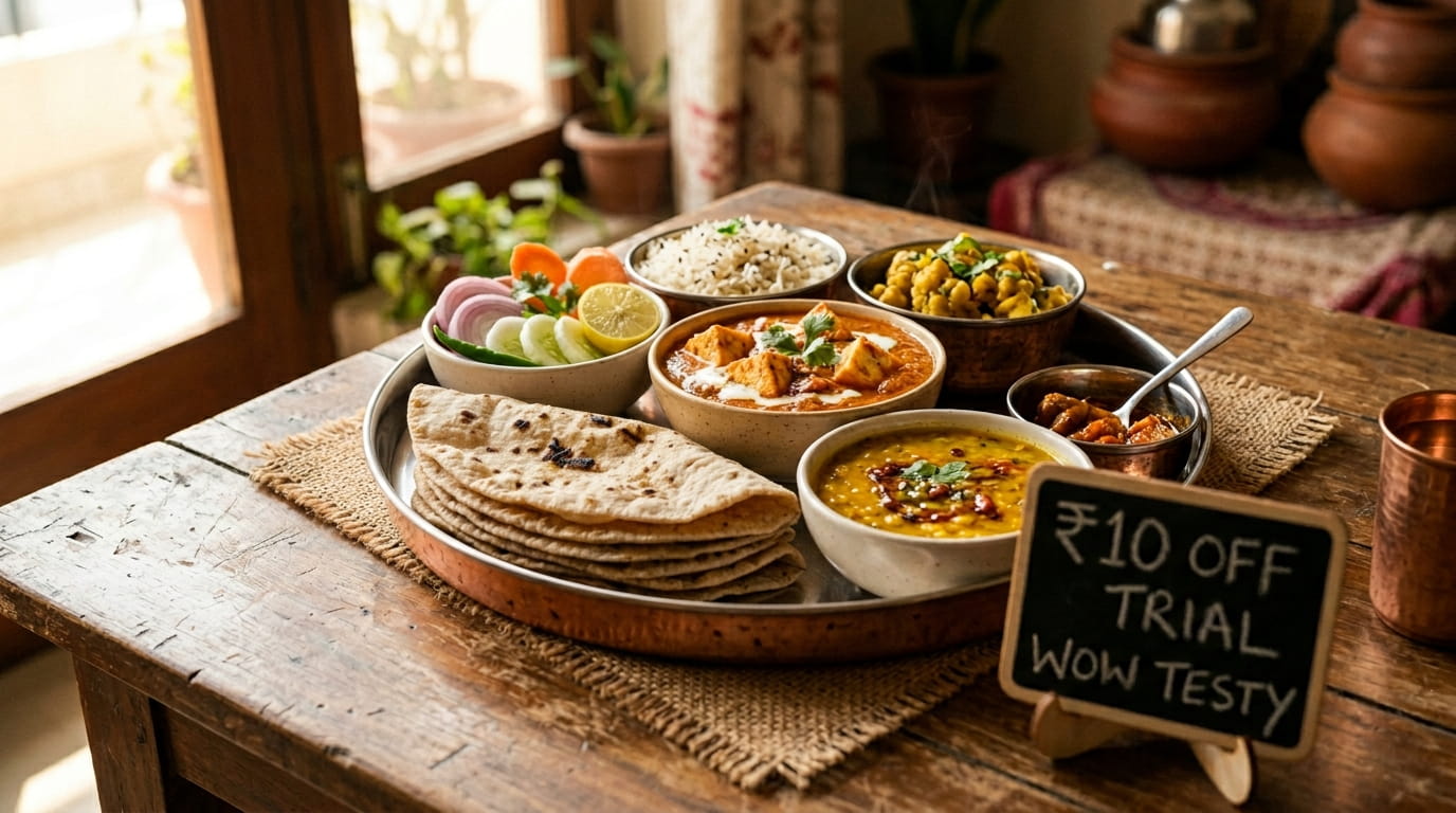 ₹10 discount offer on Wow Testy first trial tiffin meal in Lucknow.