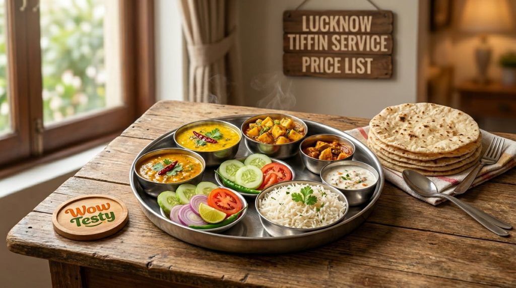 Premium Lucknow Tiffin Service Price List by Wow Testy featuring home-style food.