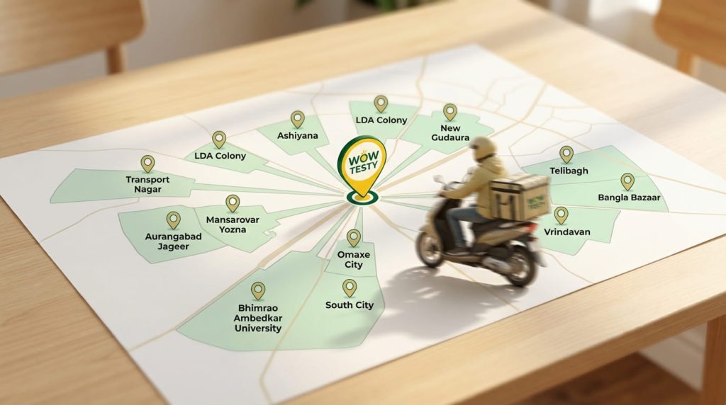 Wow Testy Special Thali Delivery Service Area Map for Lucknow - Covering Ashiyana LDA Colony Bangla Bazaar South City Lucknow