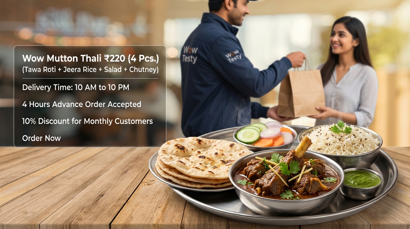 Wow Testy Mutton Thali with 4 pieces mutton curry, tawa roti and rice Lucknow service